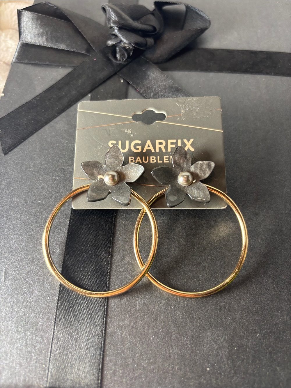 Sugarfix Gold Hoop Earrings with Black Flower Stud